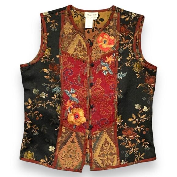 Vintage Coldwater Creek Vest Burgundy Floral Jacquard Tapestry Patchwork Asian - Picture 10 of 10